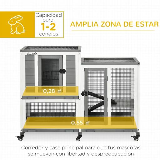 Jaula para Conejos 2 Niveles de Madera con 6 Ruedas 2 Escaleras 3 Bandejas Extraíbles y Zona Abierta 110x50x86 cm Gris [5]