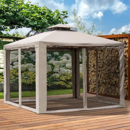Cenador de Jardín 3x3 m Pabellón de Exterior con Doble Techo de Ventilación 4 Cortinas Mosquiteras Laterales con Cremallera 8 Orificios de Drenaje Gazebo para Fiestas Patio Marrón Pardo [6]