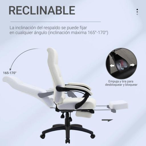 Silla de Oficina Giratoria Silla de Escritorio Reclinable Silla de Estudio Tapizada de PU con Altura Ajustable Reposabrazos Reposapiés 65x65x118-125 cm Blanco [5]