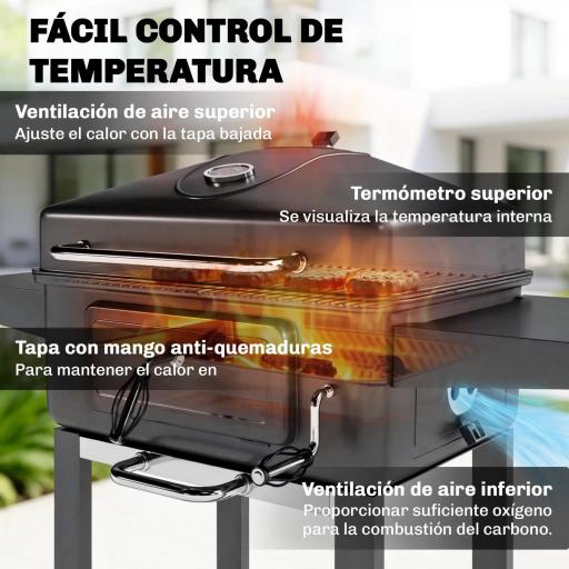 Barbacoa de Carbón con Bandeja y Ventilación Ajustable Estantes Laterales Ruedas Termómetro Tapa y Puerta [6]