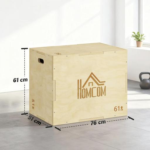 Cajón de Salto de Madera 3 en 1 con 2 Mango Hueco Carga 120 kg para Casa Oficina Gimnasia 61x51x76 cm Madera Natural [1]