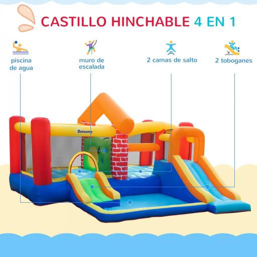 Castillo Hinchable con 2 Toboganes 2 Camas de Salto y Piscina para Niños +3 Años Incluye Inflador y Bolsa de Transporte para Interior Exterior 380x370x230 cm Multicolor [2]
