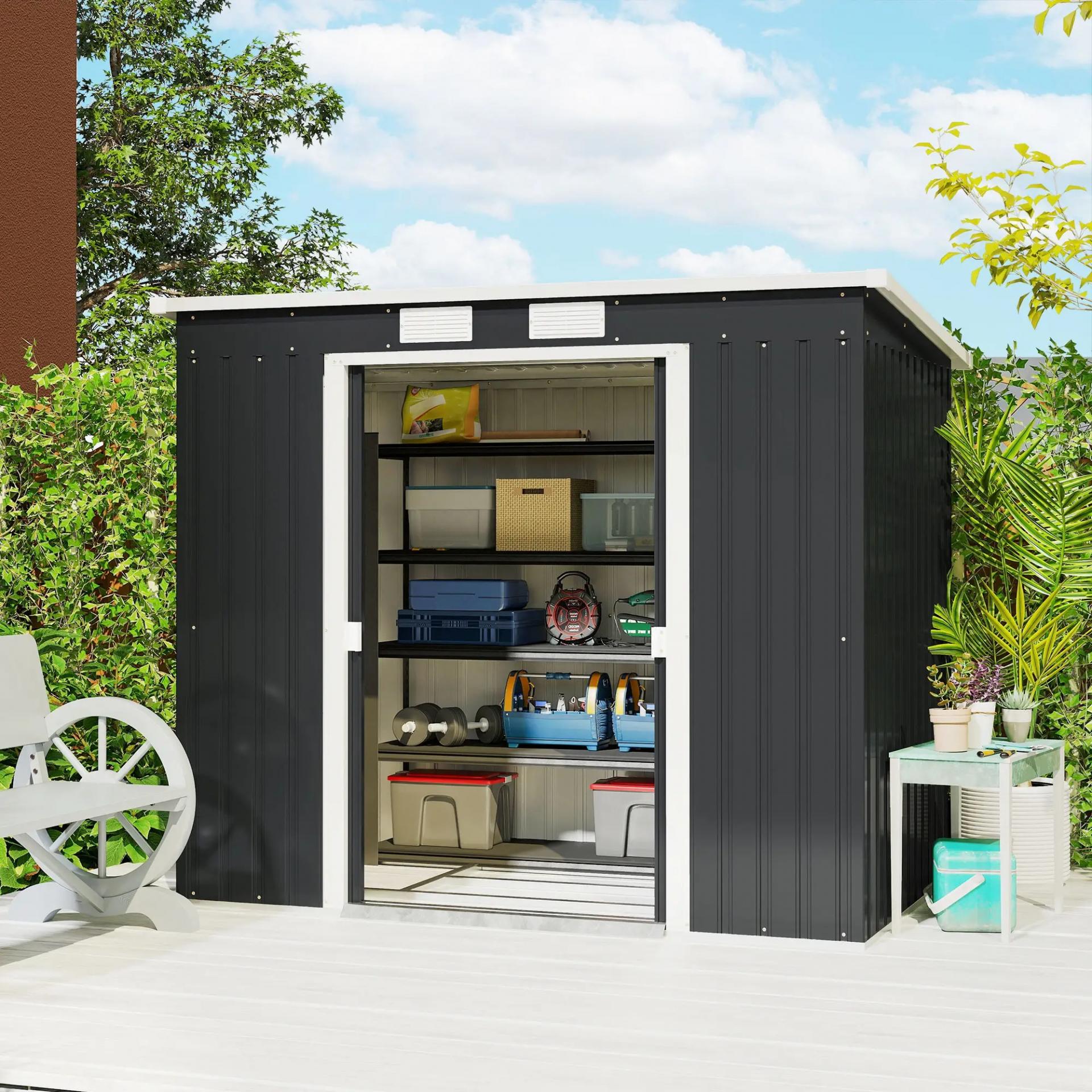 Cobertizo de Jardín Exterior 2,4 m² 213x130x172 cm con Puerta Corredera Techo Inclinado Base sin Suelo y Ventanas Gris