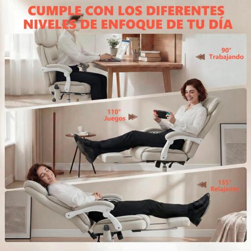  Silla de Escritorio Reclinable con Masaje Vibratorio de 6 Puntos Calor Lumbar Reposacabezas Ajustable Reposapiés Crema [6]