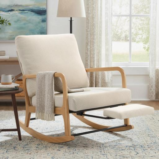 Silla Mecedora Nórdica con Reposapiés Respaldo Ajustable Mecedora de Pana Patas de Madera y Reposabrazos Cojín Crema [9]