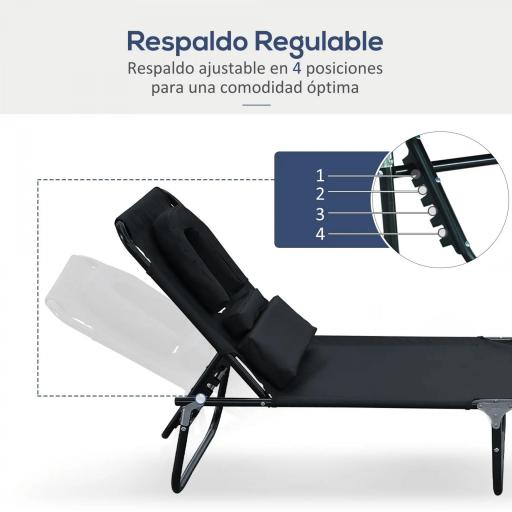 Tumbona de Jardín con Respaldo Ajustable en 4 Niveles Almohada Marco de Acero y Orificio de Lectura 190x56x28 cm Negro [4]