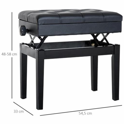 Banqueta para Piano Banco para Piano con Ajustable en Altura de 48 a 58 cm Espacio de Almacenamiento Patas de Madera Taburete para Teclado Acolchado 54,5x33x48-58 cm Negro [1]
