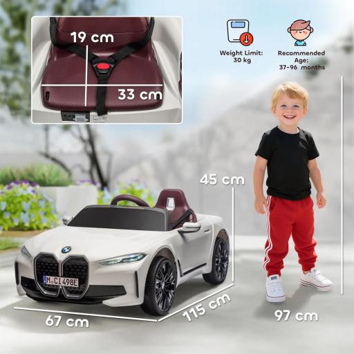 Coche Eléctrico para Niños 37-72 Meses Autorización BMW I4 con Control Remoto y Cinturón de Seguridad 115x67x45cm Blanco [1]