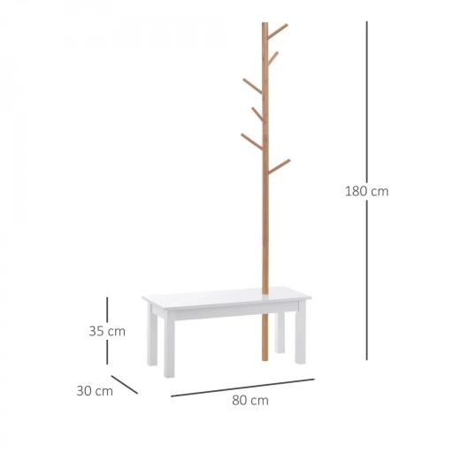 Perchero de Pie con Banco Colgador Tipo Árbol Moderno 6 Ganchos para Colgar Ropa Bolsa Pasillo Entrada Bambú y MDF 80x30x180cm [1]
