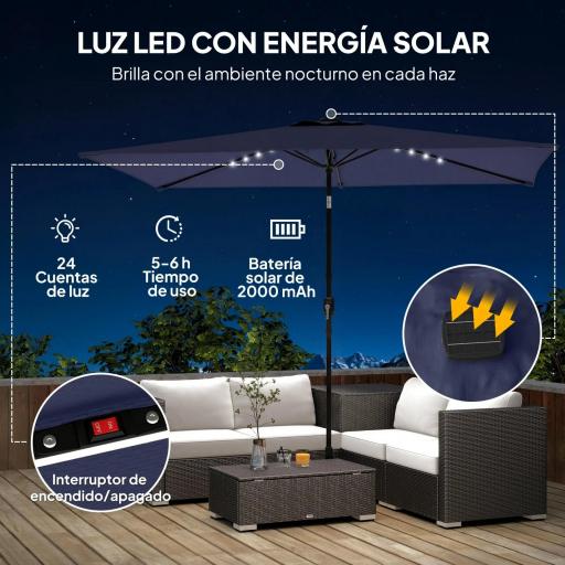 Sombrilla de Jardín con 24 Luces LED Solares Dosel Inclinable Poste Metálico 2,9x2,5 m Azul Oscuro [6]
