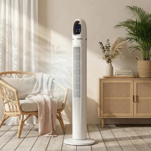 Ventilador de Torre con Control Remoto 3 Velocidades 3 Modos Temporizador 24H Oscilación 70° Pantalla LED Blanco [2]