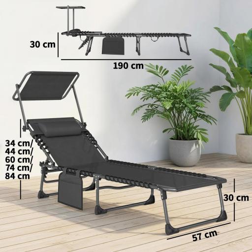 Set de 2 Tumbonas Plegables con Reposacabezas Parasol Bolsillo Lateral y Respaldo Reclinable en 5 Posiciones Negro [4]