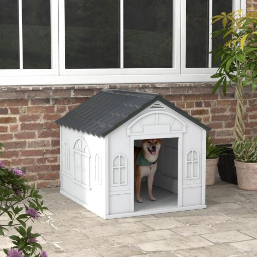  Casa para Perros 84,2x98,2x82 cm con Patrón de Ventana y Techo de Tejas de Imitación para Perros Grandes Gris y Blanco