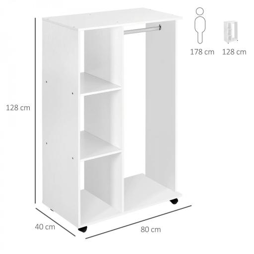 Armario Abierto con Ruedas Barra y Estantes para tener Ropa Colgada y Doblada 80x40x128 cm Blanco [1]
