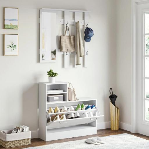 Recibidor con Espejo Perchero y Zapatero Muebles de Entrada con 6 Ganchos y Estantes para 8 Pares de Zapatos Blanco [3]