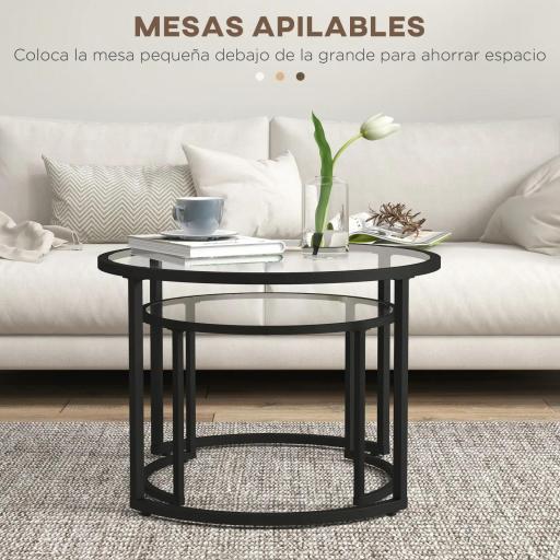 Juego de 2 Mesas Nido Mesas de Centro Redondas Tablero de Cristal Templado Marco de Acero Negro y Transparente [3]