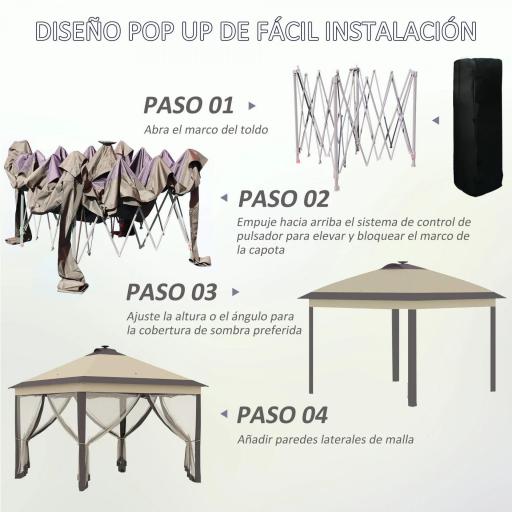 Carpa Plegable con Luces LED 3,3x3,3 m Cenador de Jardín con Control Remoto con 4 Mosquiteras Altura Ajustable Beige [5]