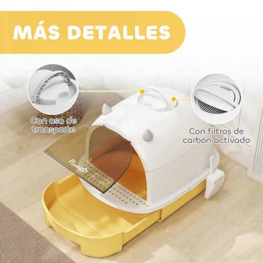 Arenero Cerrado para Gatos con Bandeja Extraíble Filtro de Carbono Pala y Asa Superior 40,5x52x39 cm Amarillo y Blanco [4]