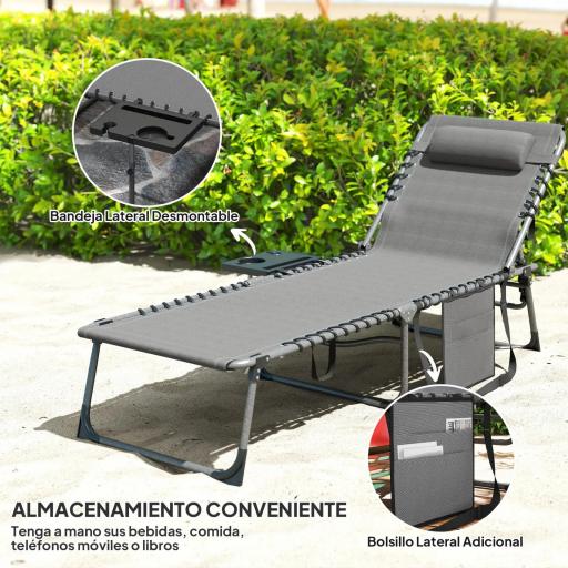 Tumbona Plegable con Respaldo Ajustable Reposacabezas Bolsillo Lateral Bandeja y Estructura de Acero 190x60x31 cm Gris [3]