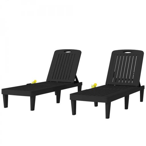 Conjunto de 2 Tumbonas Reclinables de Plástico PP con Bandeja Lateral Respaldo Ajustable 5 Niveles 192x57x28,5 cm Negro [8]