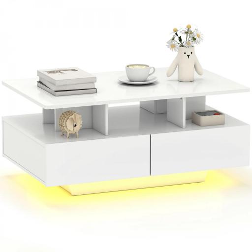 Mesa de Centro LED Moderna con 4 Cajones Estante Abierto y Luces LED de 16 Colores para Salón 90x55x41 cm Blanco Brillo [7]