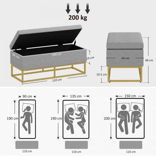 Banqueta con Almacenamiento Banco Rectangular Tapizado en Lino con Tapa Abatible y Patas de Acero 110x44x48 cm Beige [1]