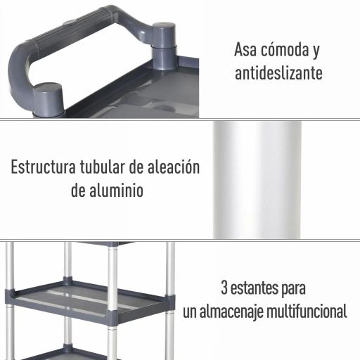 Carrito Auxiliar con Ruedas de Aleación de Aluminio Carrito de Cocina de 3 Niveles Carrito de Almacenamiento Carga 105 kg para Comedor Sala Baño 88x44x93 cm Gris [2]