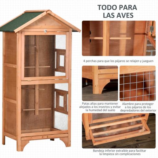 Jaula para Pájaros de Madera con 3 Puertas 4 Perchas Bandeja Extraíble y Techo Asfáltico 80,5x57x153 cm Natural [4]