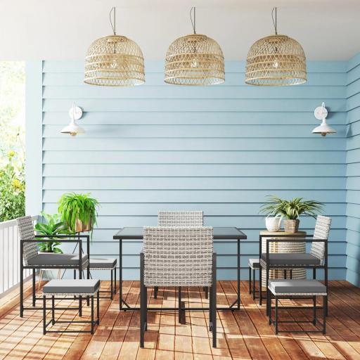 Conjunto de Jardín Exterior de 9 Piezas de Ratán Sintético con Mesa de Vidrio 4 Sillas y 4 Taburetes con Cojines Gris [7]