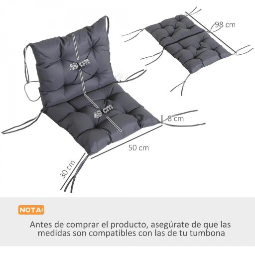 Conjunto de 2 Cojines para Silla 50x98x8 cm con Respaldo 6 Cordones de Fijación para Jardín Terraza Balcón Gris Oscuro [3]