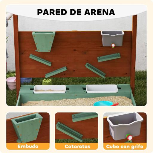 Arenero para Niños de Madera con Techo Arenero Infantil con 2 Asientos 2 Cajas Grifo Embudo 116x112,5x128 cm Verde [2]