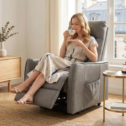 Sillón Relax Reclinable Eléctrico Levanta Personas de Cuero PU Control Remoto Asiento con Resorte Reposapiés Gris [5]