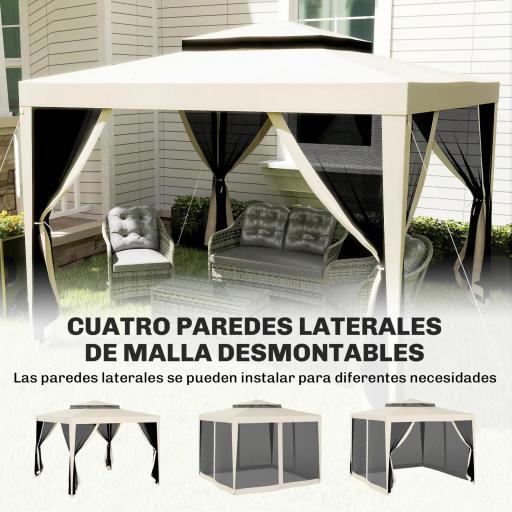 Carpa de Jardín 3x3 m Cenador Gazebo con 4 Mosquiteras Laterales Techo Doble 8 Orificios de Drenaje Marco de Metal Beige [7]