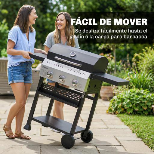 Barbacoa de Gas con 3 Quemadores Termómetro Parrilla Mesas Laterales Plegables Estante y Ruedas 123x57x102 cm Negro [4]