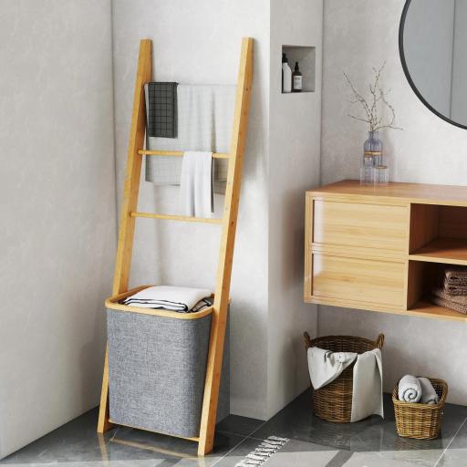 Estantería para Baño de Bambú Toallero de Pie con 3 Barras Cesto para Ropa Sucia Extraíble de 48 L Gris [5]