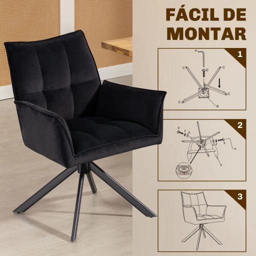 Pack de 2 Sillas de Comedor Giratorias con Reposabrazos Respaldo Acolchado Tapizado en Terciopelo Patas de Acero Negro [6]