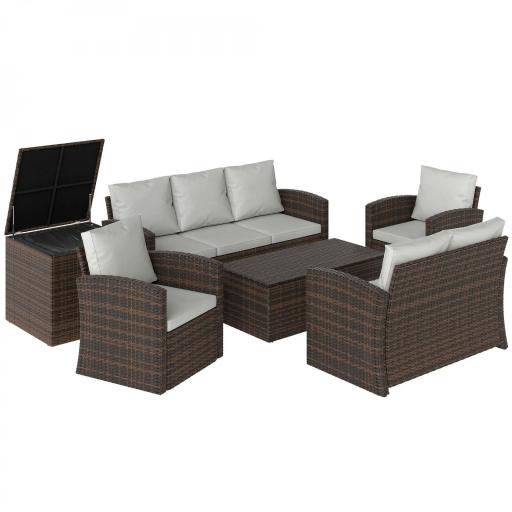 Conjunto de Jardín Exterior de Ratán 6 Piezas Cojines Sofá Doble Sofá 3 Plazas 2 Sillones 2 Mesas Auxiliares Beige [8]