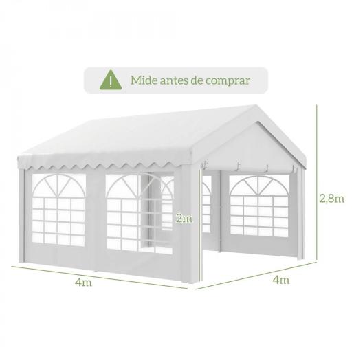 Carpa para Fiesta Cochera Gazebo 4x4m Pergola Cenador Pabellón 4 Paneles Laterales 6 Ventanas Anti-UV para Eventos Bodas Acero PE Blanco [1]