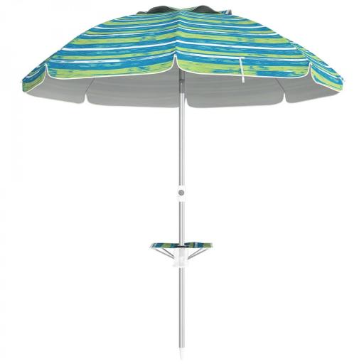 Sombrilla de Playa Ø190x215 cm con Reclinación 45° Altura Ajustable y Mesa con Portavasos Anti-UV Impermeable Multicolor [8]