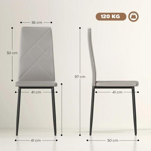 Set de 4 Sillas de Comedor Tapizadas de Piel Sintética con Respaldo Alto y Patas de Metal 41x50x97 cm Gris [1]