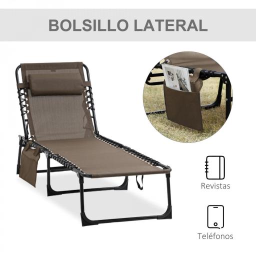 Tumbona Plegable con Respaldo Ajustable Reposacabezas Acolchado y Estructura de Acero para Exterior 189x58x30 cm Marrón [3]