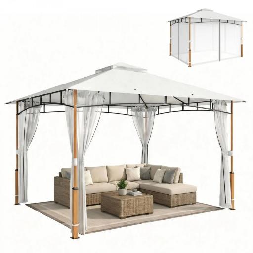 Carpa para Jardín con Techo Doble Cenador con Paredes de Malla UPF50+ para Exterior Terraza 360x300x275 cm Crema y Teca [9]