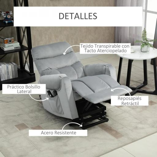 Sillón de Masaje Relax Sillón Levantapersonas con Reclinación Eléctrica hasta 135° Control Remoto y 8 Zonas de Masaje Tapizado en Terciopelo y Acolchado 79x97x103 cm Gris [5]