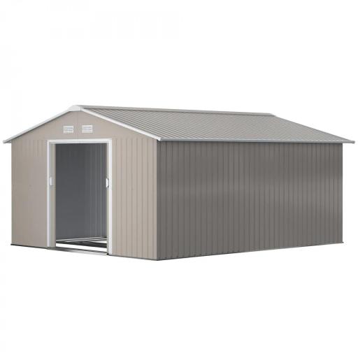 Cobertizo de Jardín 12,4 m² 340x386x200 cm con 2 Puertas Corredizas Base Refuerzo (Suelo NO Incluido) Gris Claro [10]
