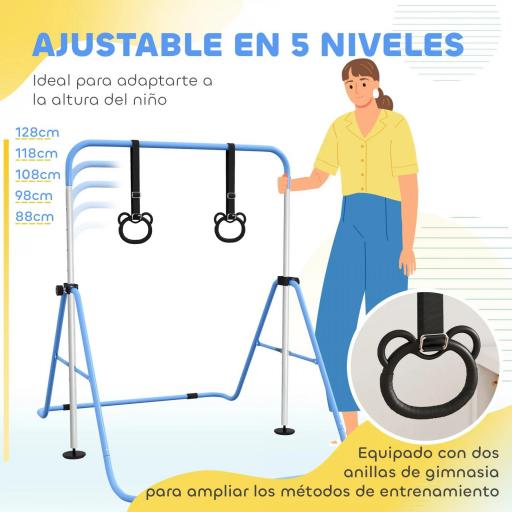 Barra de Gimnasia para Niños con Altura Ajustable en 5 Niveles y Anillos Entrenamiento de Gimnasia Plegable en Casa Azul [3]