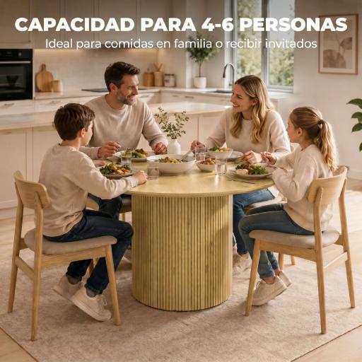 Mesa de Comedor Redonda Moderna para 4-6 Personas Mesa de Cocina de 110 cm con Base Cilíndrica Acanalada Roble [3]