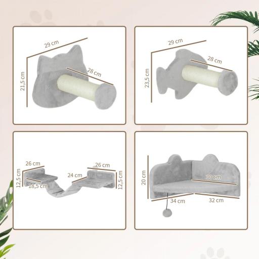 Rascador de Pared para Gatos con 2 Postes de Sisal Plataforma Doble con Escalera Suave y 1 Plataforma para Saltar Gris [1]