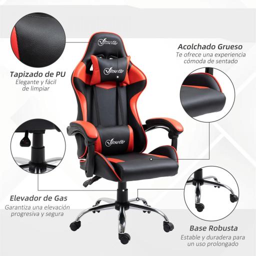 Silla Gaming Silla Racing Giratoria con Altura Ajustable Reclinable de 135° y Cojín Lumbar 63x67x122-130 cm Rojo [1]