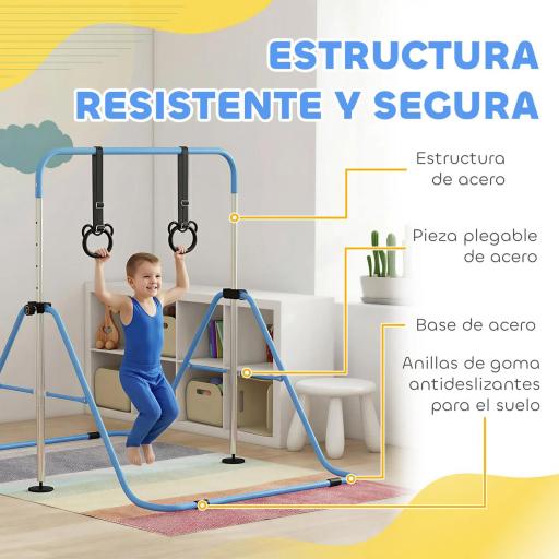 Barra de Gimnasia para Niños con Altura Ajustable en 5 Niveles y Anillos Entrenamiento de Gimnasia Plegable en Casa Azul [2]
