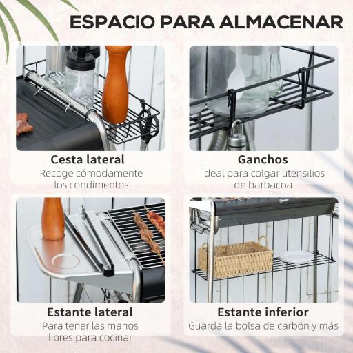 Barbacoa de Carbón con Parrilla de Acero Inoxidable Bandeja Especiero y Estante de Almacenamiento 107x63x75 cm Negro [4]